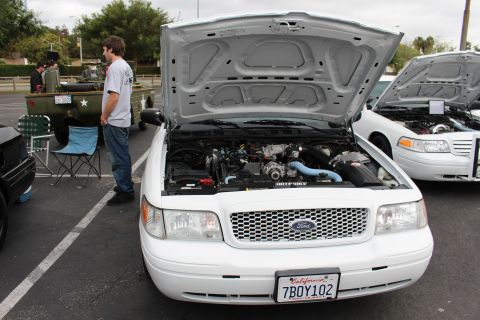 2003 Ford Crown Victoria - white Ford with its hood up reveals a turbocharged engine at a car meet, plate reading 7BOY102, a young man standing alongside.