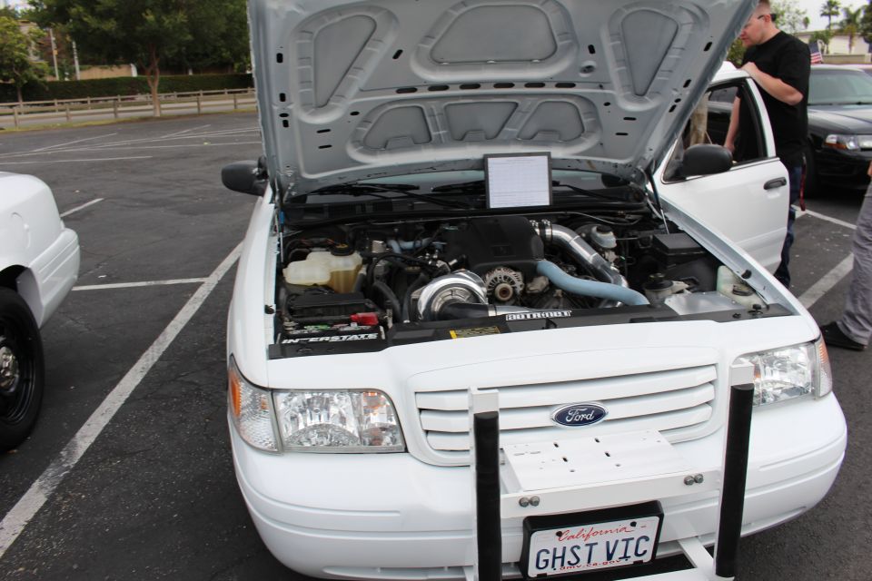 White Ford front with open hood and GHST VIC plate showing turbo engine