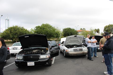 2003 Ford Crown Victoria - black sedan and a champagne-silver sedan parked side by side with their hoods raised while several people stand around at a car meet.