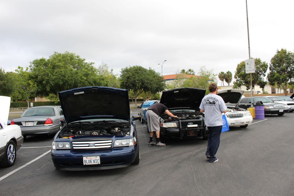Blue Ford sedan BLUE VIC and black police-style car with hoods open
