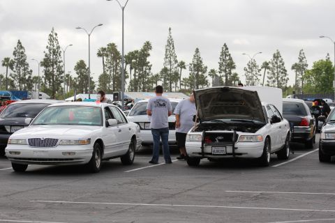 2003 Ford Crown Victoria - white Lincoln sedan and a white Ford with its hood raised parked at a car meet as a man in a graphic shirt stands between them.