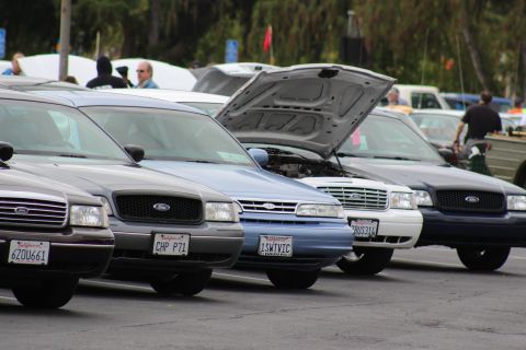 2003 Ford Crown Victoria - tight row of Ford full-size sedans front-on with plates CHP P71 and 1SMTVIC, one hood raised, at an outdoor car meet.