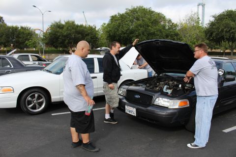 2003 Ford Crown Victoria - Three men inspect the engine of a black Ford sedan parked next to a white Crown Victoria at an outdoor meet.