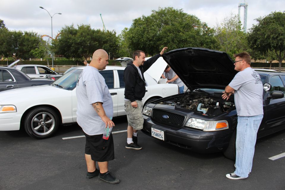 Three men look at engine of a black Ford sedan beside a white one