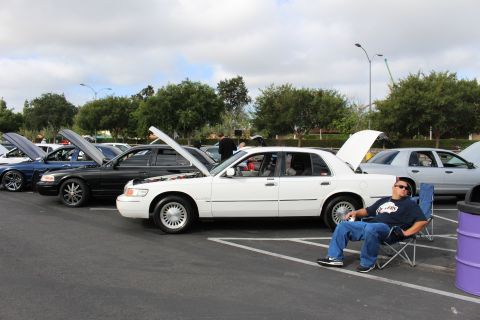 2003 Ford Crown Victoria - seated man relaxes beside a white Mercury Grand Marquis among hoods-up Panther sedans at an outdoor meet.