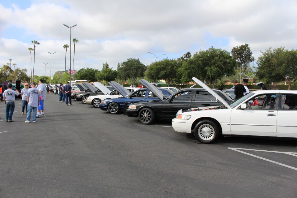 Long row of Ford and Mercury sedans with hoods open in a lot