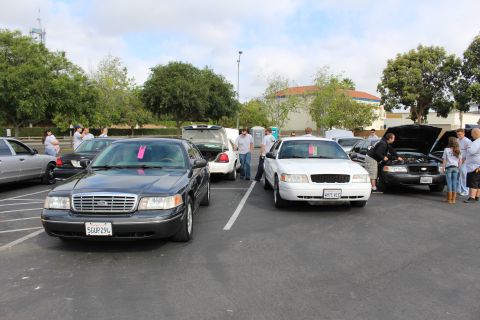 2003 Ford Crown Victoria - Gray and white Ford Crown Victorias park front-in beside hood-up sedans in a tree-lined lot full of attendees.