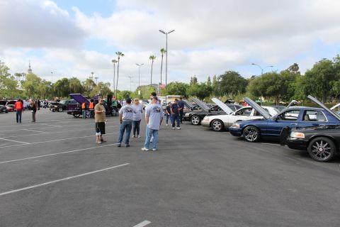 2003 Ford Crown Victoria - wide view of a car meet shows attendees and a row of sedans with open hoods under palm trees and cloudy sky.