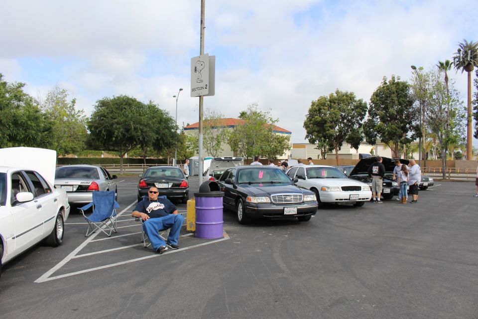 Seated man by black sedans at a meet with a purple drum nearby