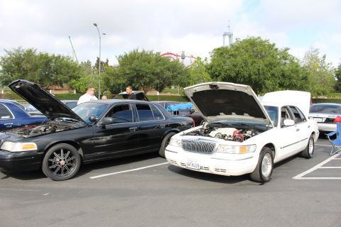 2003 Ford Crown Victoria - black Ford Crown Victoria parks next to a white Mercury Grand Marquis, both with hoods raised, at a meet.