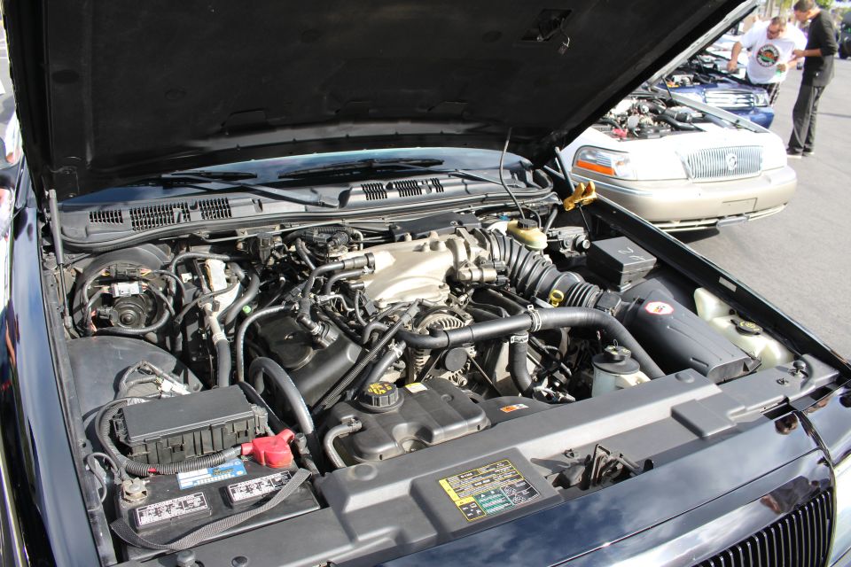 Detailed engine bay of a dark sedan with hood open at a car show