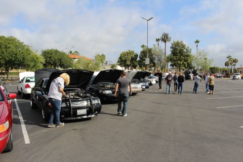 2003 Ford Crown Victoria - Visitors examine a lineup of cars with raised hoods stretching across a sunny parking-lot car show.