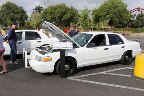 2003 Ford Crown Victoria - white Ford Crown Victoria sits with hood up and an info placard on steel wheels at a parking-lot car show.
