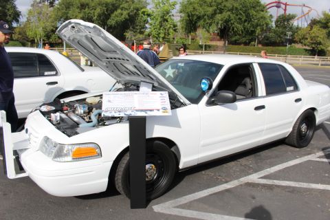 2003 Ford Crown Victoria - white Ford Crown Victoria on black steel wheels shows its engine with a display placard, roller coaster behind.