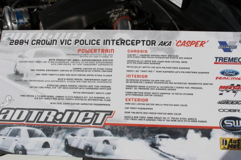 2003 Ford Crown Victoria - Car-show display board detailing the modifications and specifications of a supercharged 2004 Crown Victoria build.