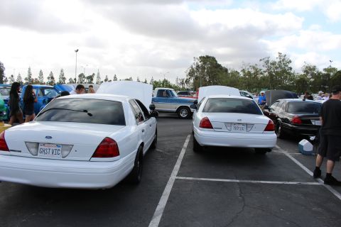 2003 Ford Crown Victoria - Two white Ford full-size sedans face away in a parking lot, one wearing a GHSTVIC license plate, with more cars and people behind.