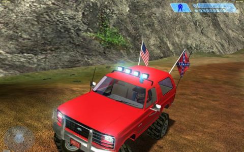 1988 Ford Bronco - A red SUV with flags flies American and Confederate banners while driving off-road.