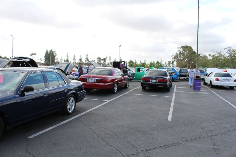 Navy, maroon and white full-size sedans parked in a striped lot