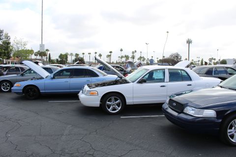 2003 Ford Crown Victoria - light-blue sedan, a white sedan and a navy sedan sit with hoods raised in a tightly packed parking-lot car show under cloudy skies.