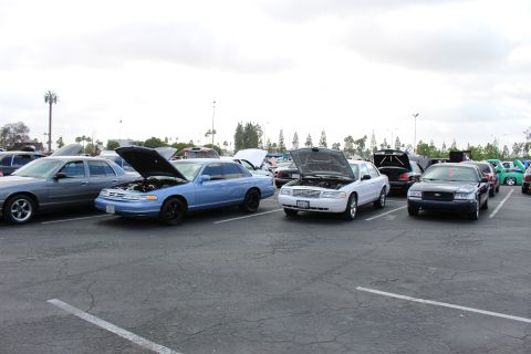 2003 Ford Crown Victoria - Light-blue, white and black full-size sedans sit nose-out with raised hoods across a parking-lot car show under a gray sky.