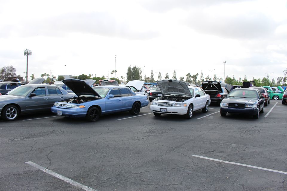 Light-blue, white and black full-size sedans with open hoods in a lot