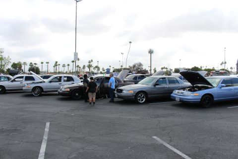 2003 Ford Crown Victoria - Spectators inspect a row of full-size sedans in brown, gray and blue, one with its hood up, at an outdoor parking-lot car show.