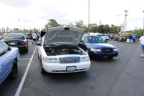 2003 Ford Crown Victoria - white Ford full-size sedan faces the camera with its hood raised, parked beside a navy Ford sedan in a busy parking-lot car show.