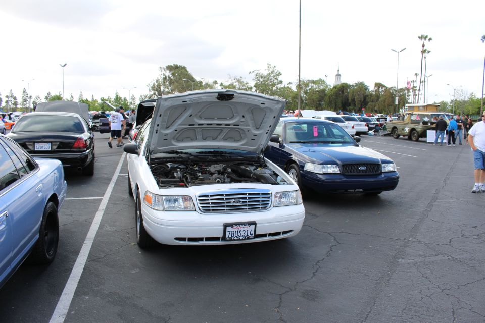 White Ford sedan with open hood facing camera at a car show