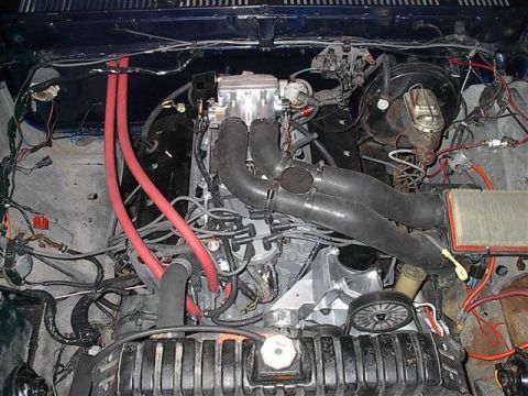 1979 Ford Bronco - Engine bay view of a V8 engine with various hoses and components visible.