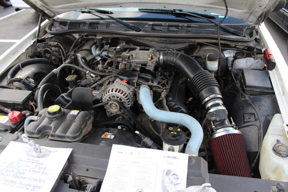 Engine bay of a white sedan with chrome alternator, blue hoses and red cone intake