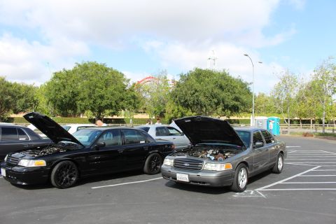 2003 Ford Crown Victoria - black sedan and a gray Ford sedan park with hoods raised, with an amusement park coaster visible behind the trees.