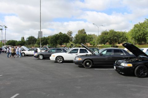 2003 Ford Crown Victoria - line of black and white full-size sedans sit with hoods raised as a small group of people gathers at the far end.