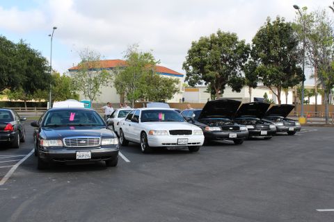 2003 Ford Crown Victoria - gray and a white full-size sedan park at angles near a row of darker sedans with hoods raised.