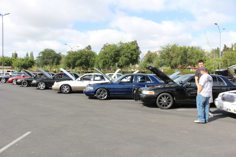 Two men inspect a black sedan among a row of cars with hoods open