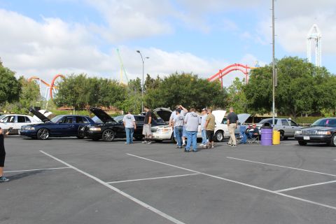 2003 Ford Crown Victoria - group of people gather between full-size sedans with hoods up while red and orange roller coasters loom in the background.