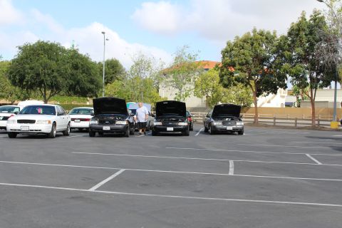2003 Ford Crown Victoria - Three black Ford sedans sit with hoods raised beside a white sedan in a sunny parking lot as a man stands nearby.