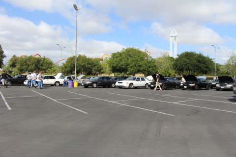 2003 Ford Crown Victoria - Black and white full-size sedans are spread across a large parking lot with an amusement park drop tower and coasters behind.