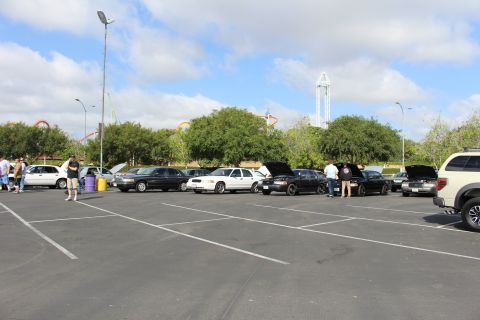 2003 Ford Crown Victoria - row of full-size sedans and a light-colored SUV sit with hoods open in a parking lot, a drop tower and coasters behind.