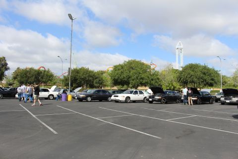 2003 Ford Crown Victoria - Black and white full-size sedans line up with hoods open as people stand at one end, amusement park rides in the distance.