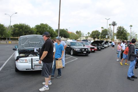 2003 Ford Crown Victoria - Spectators walk past a long row of parked sedans, several with hoods raised, at an outdoor car meet.