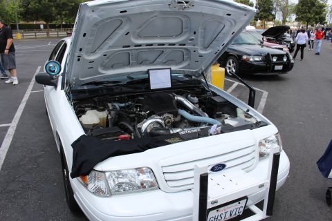 2003 Ford Crown Victoria - close view of a white Ford sedan's engine bay with the hood raised and a display sheet propped inside.