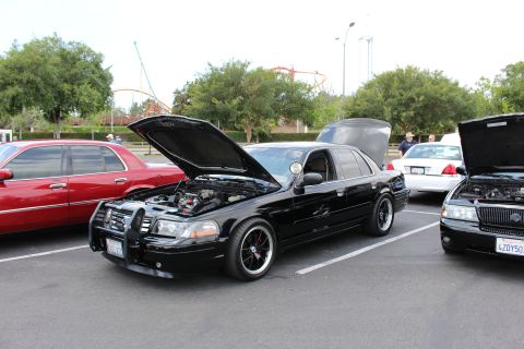 2003 Ford Crown Victoria - Black sedans with open hoods, one with a brush guard, line up at a parking-lot car meet beside a red sedan.