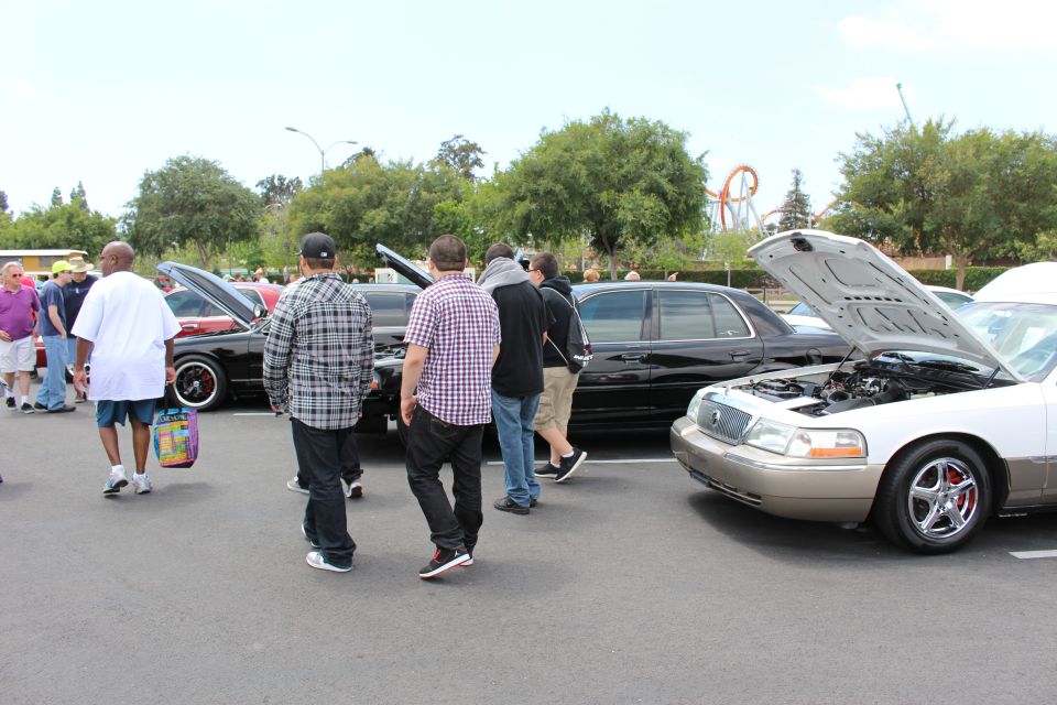 Crowd of attendees walking among black and silver sedans at a car show