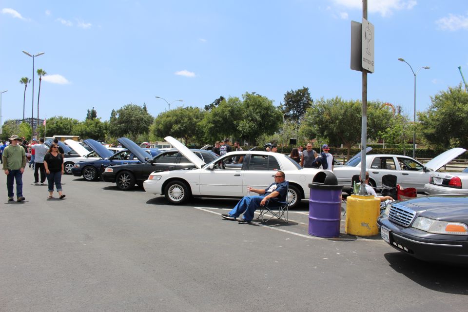 Row of full-size sedans with open hoods at a car show, a man seated in a chair and a purple barrel