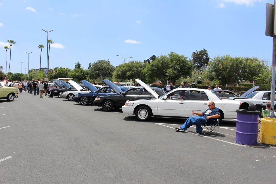 Long row of full-size sedans with raised hoods at a car show, man seated in a chair