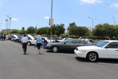 People walking through a parking lot of full-size sedans with open hoods at a car show