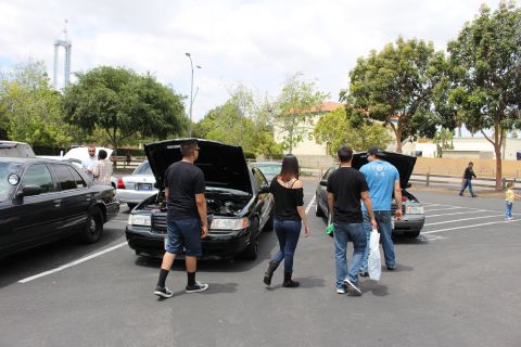 People viewed from behind walking among black Ford Crown Victorias with open hoods at a show