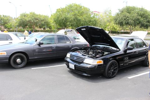 Black Ford Crown Victoria with raised hood and black wheels next to a dark Crown Victoria at a show