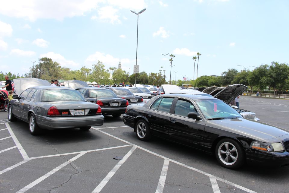 Rows of black and gray full-size sedans parked at a car show