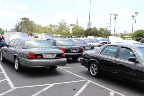 Gray and black Ford sedans parked in rows at an outdoor car meet